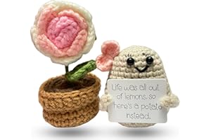JoyChoi 2PCS Valentines Day Gifts for Women - Mini Funny Positive Potato Crochet Doll and Handmade Rose for Home and Office Desk Decoration