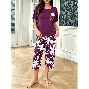 Women Two Piece Pajama Set Short Sleeve Top Capri Pants Sleepwear Set Lounge Nightwear Printed Sleep Set