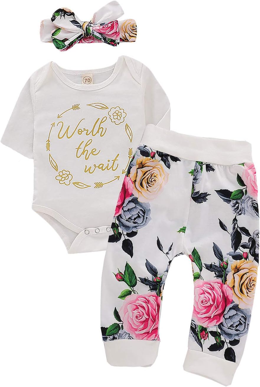 Infant Baby Girl Fall Outfit Set Worth The Wait Print Romper Bodysuit Top+Floral Legging Pants Winter Clothing Set 3Pcs