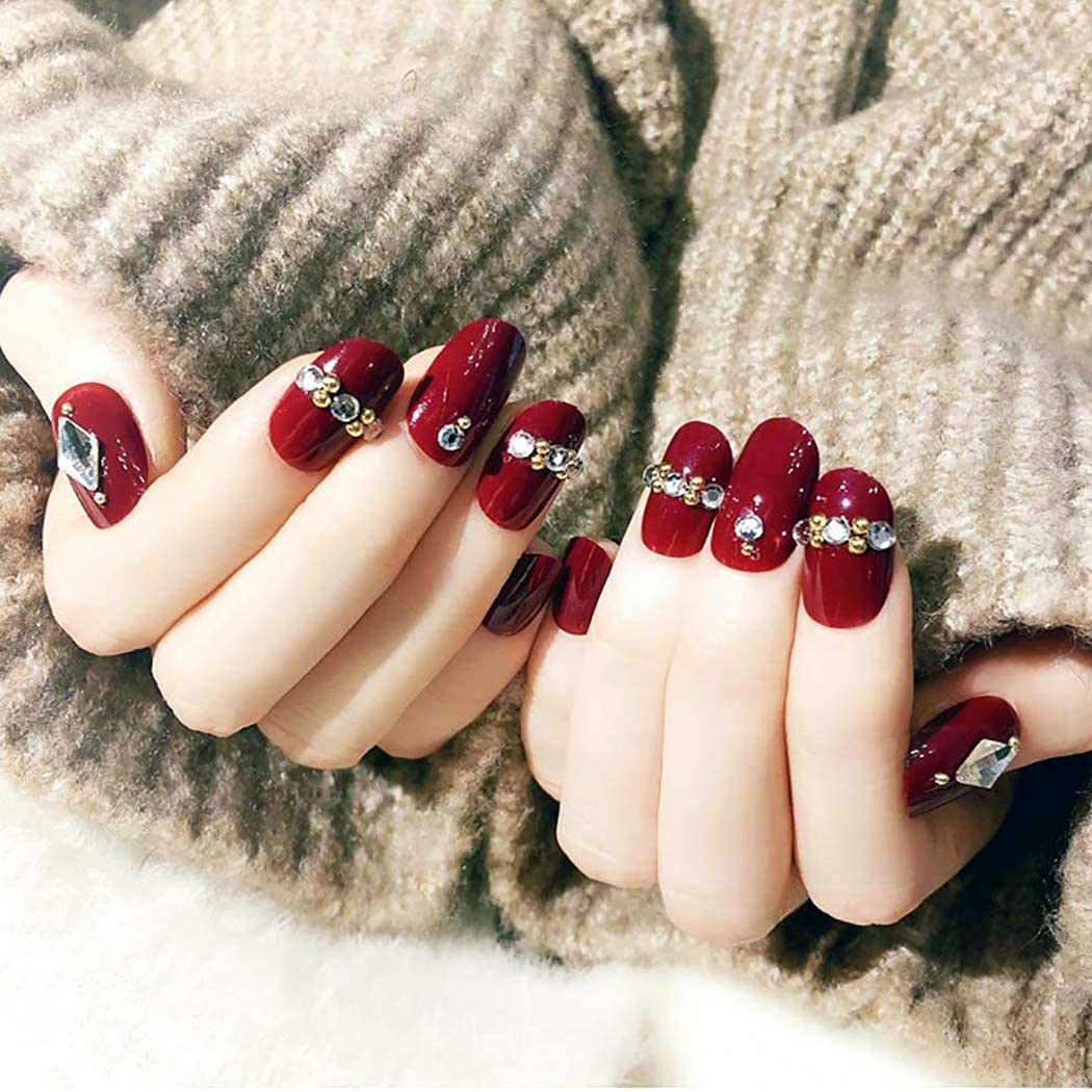 Fairvir False Nails Bling Rhinestone Bead Wine Red Fake Nails Full Cover Simple Party Acrylic Nails for Women and Girls