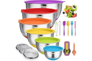 Wildone Mixing Bowls with Airtight Lids, 22 PCS Stainless Steel Mixing Bowls Set, 3 Grater Attachments, Measurement Marks & Non-Slip Bottom, Size 5, 4, 3, 2,1.5, 0.63QT, Ideal for Mixing & Prepping