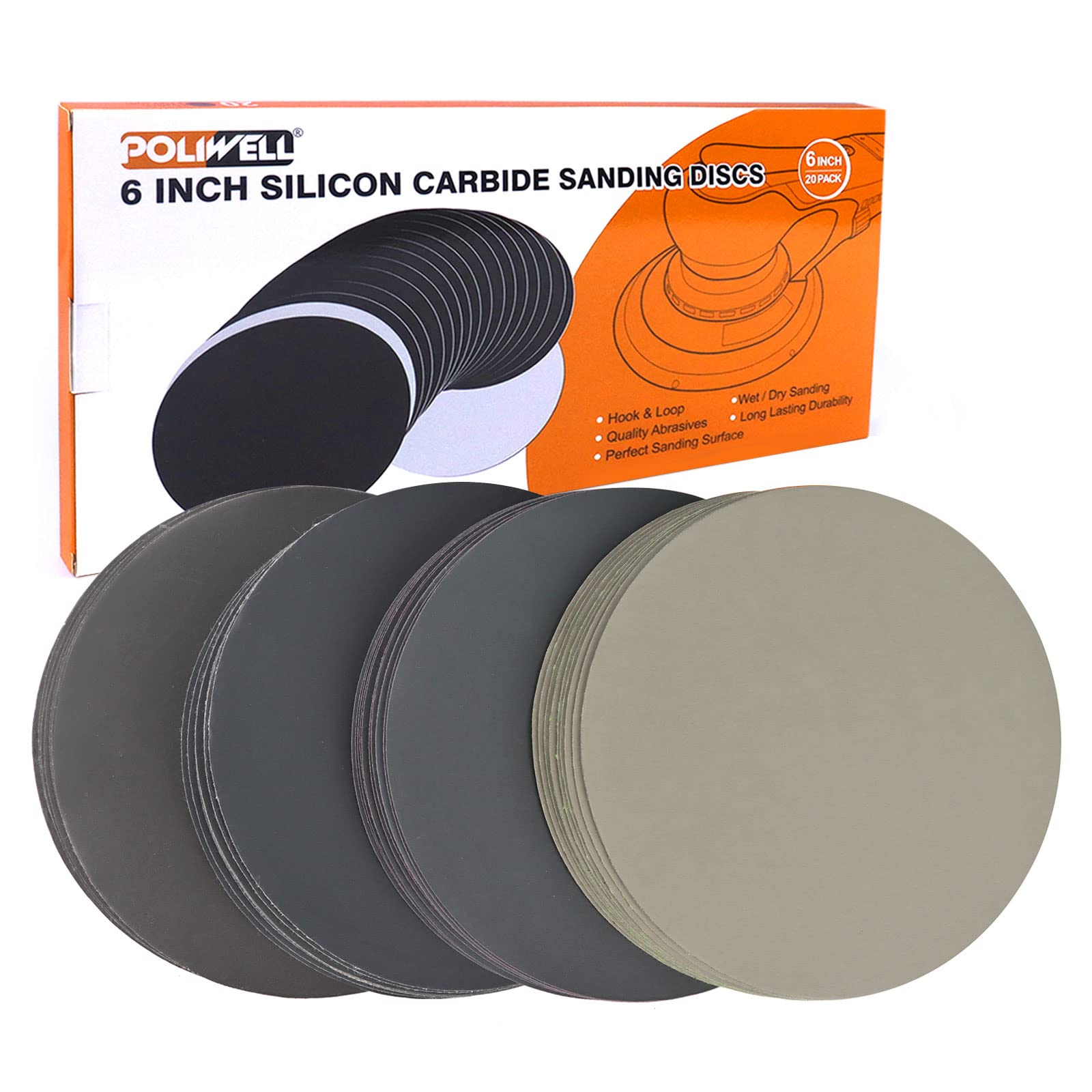 Photo 1 of POLIWELL 6 Inch (150mm) Hook and Loop Sanding Discs, 1000/1500/2000/3000 Assorted Grit Wet Dry Sandpaper with Premium Silicon Carbide Abrasive for Automotive Woodwork Art Craft, Pack of 40
