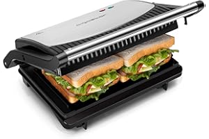 Aigostar 3-in-1 Panini Press Grill with Non-stick Plates, Open 180° Floating Hinge Sandwich Maker for Any Size, Indicator Lights, Cool Touch Handle, Electric Sandwich Press Panini Maker, Sliver