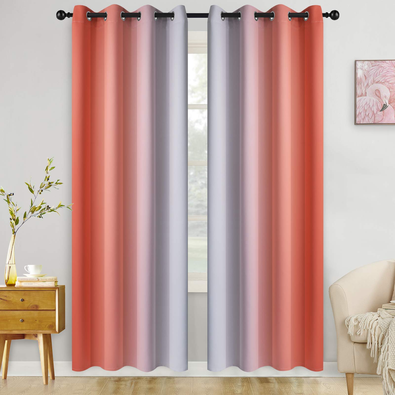 COSVIYA Grommet Ombre Room Darkening Curtains 84 inch Length 2 Panels, Coral and Off White Gradient Drapes Light Blocking Insulated Thermal Window Curtains for Bedroom/Living Room,52x84 inches