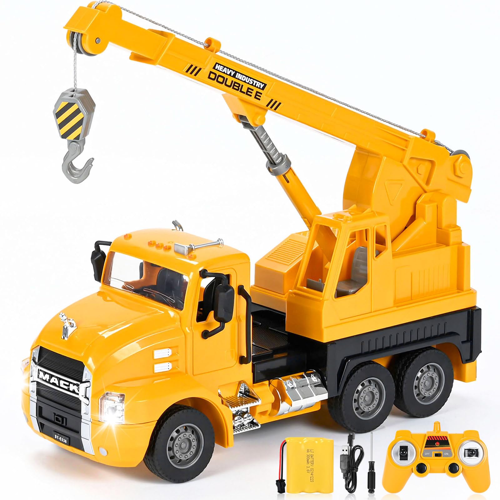 Photo 1 of DOUBLE E Mack Licensed RC Crane, Remote Control Crane Construction Vehicles Toys, Crane Truck Toy for Boys, Crane Toy with Lights, Ideas Birthday/Xmas Gifts for Boys (RC Crane)