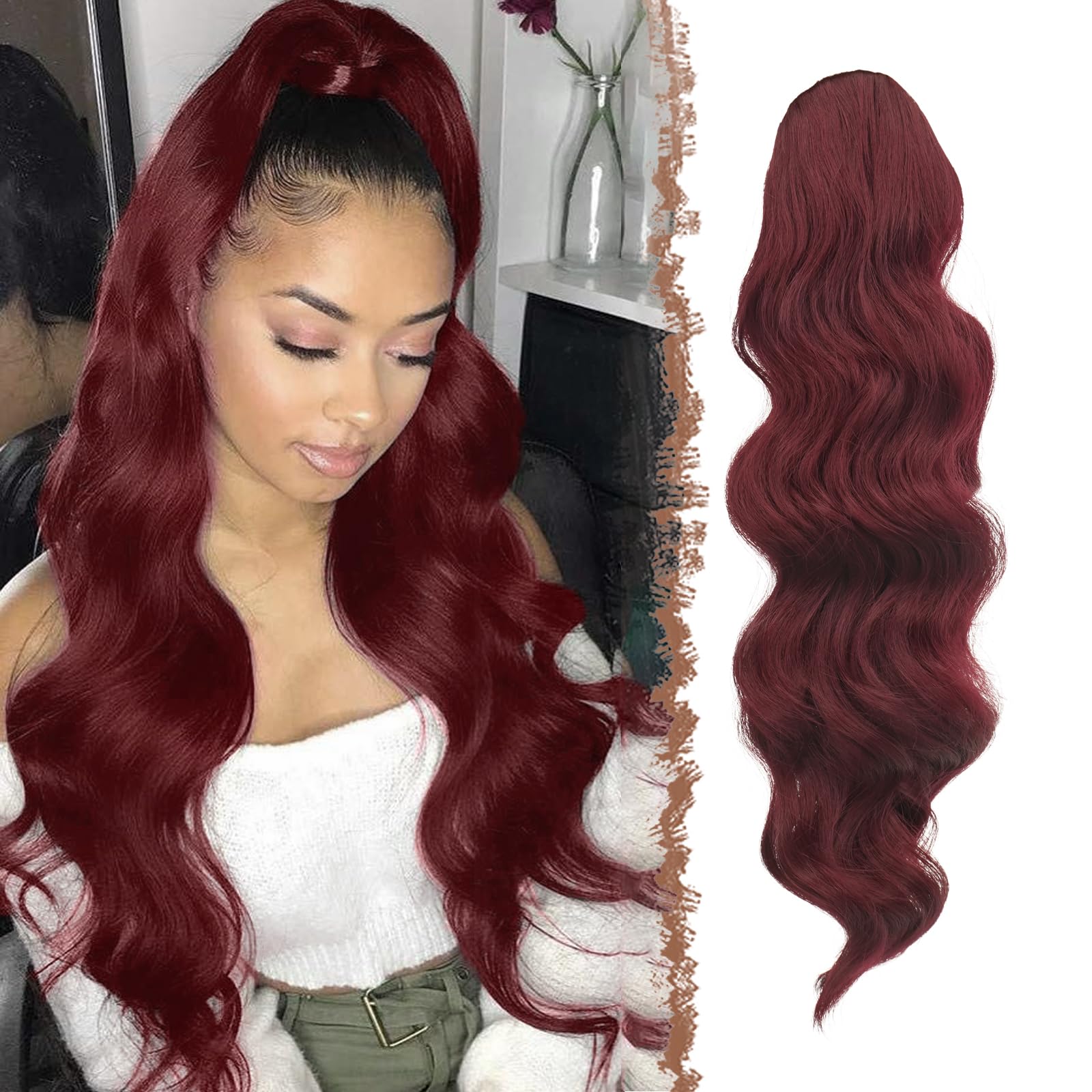 FESHFEN Long Ponytail Extension Curly Wavy Clip in Synthetic Hairpieces Drawstring Ponytail Red Pony Tail Hairpiece Hair Pony Extension for Women Girls, 24 inch