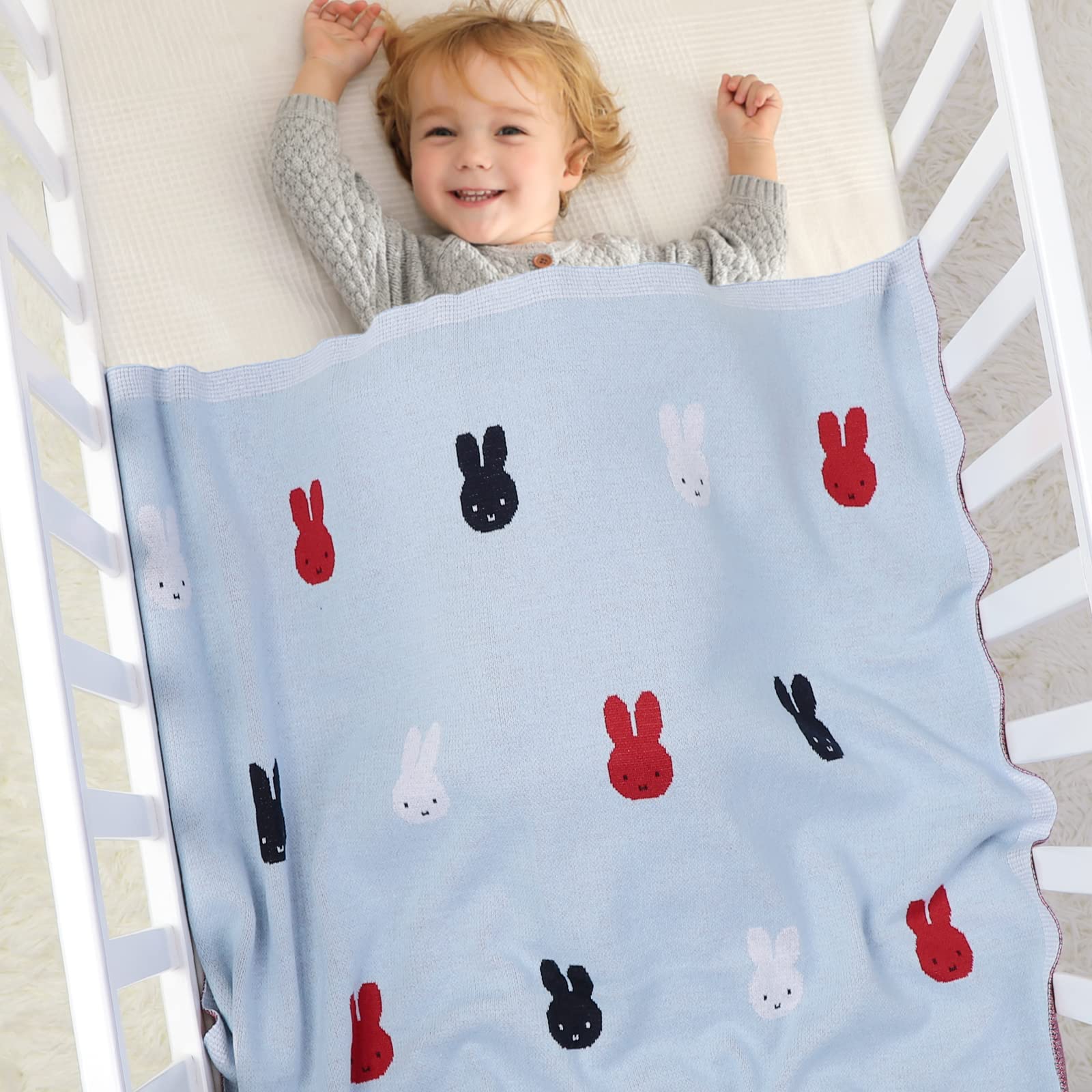 DovFanny Cotton Baby Blanket Lightweight Cozy Knitted Blanket with Cute Easter Bunny 80 x 100cm Blue