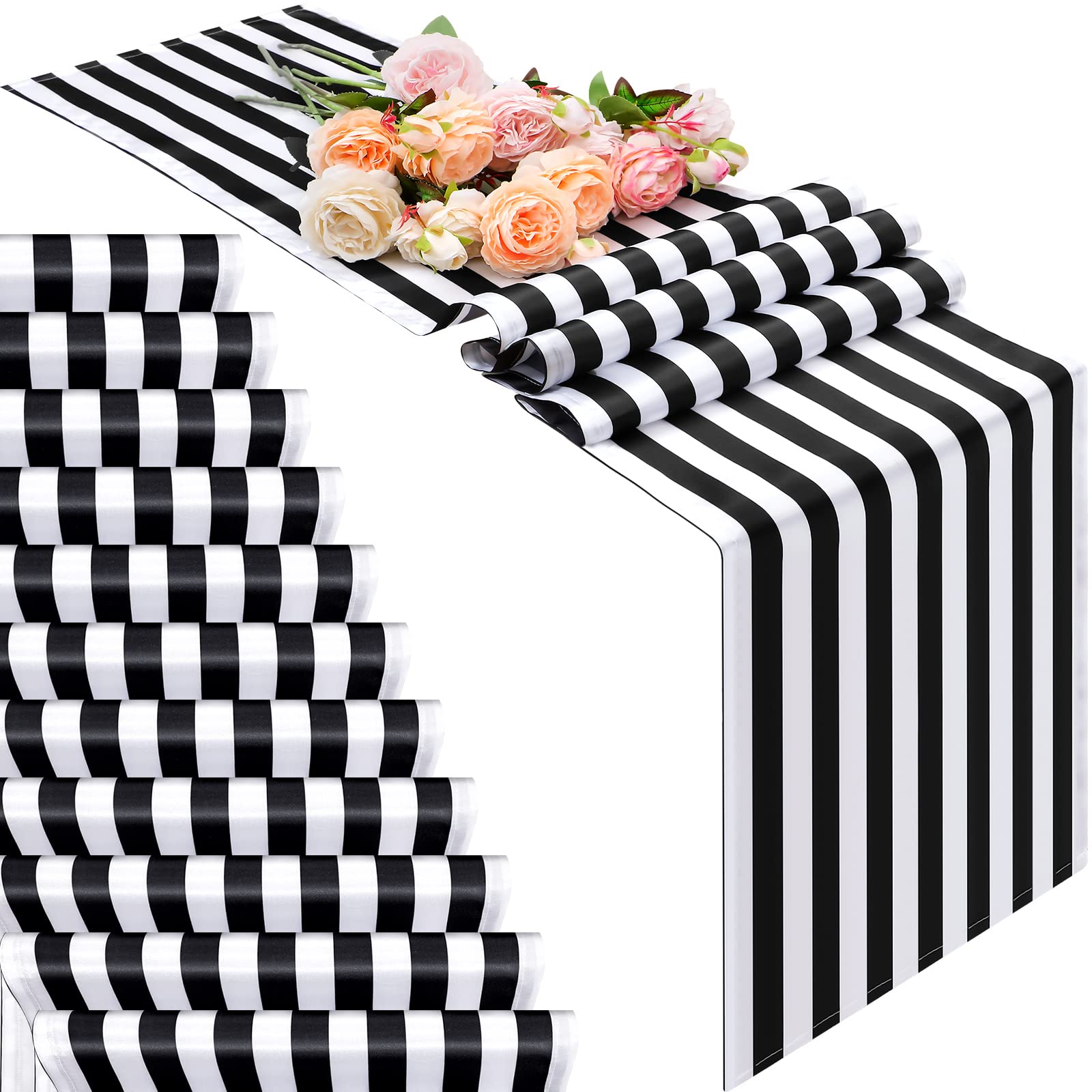 Photo 1 of Striped Table Runner Polyester Decor Striped Design Modern Table Runner Elegant Decor for Indoor Events Family Dinner Outdoor Banquet Parties Celebrations, Black, White(12,12 x 72 Inches)