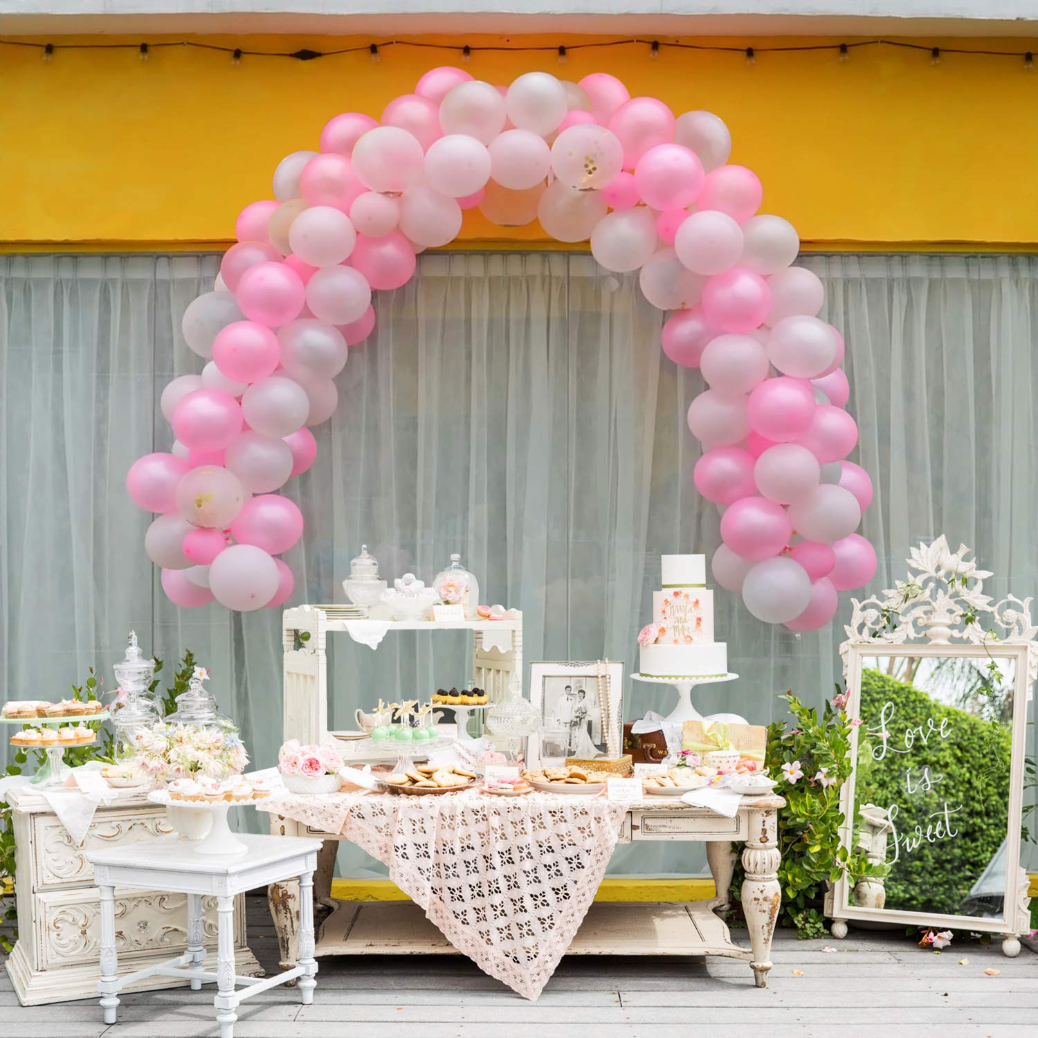 Warmfits Balloon Garland Arch Kit 5" & 10" Hot Pink, Light Pink, Pearl White, Gold Confetti Balloons with Stickers, Garland Decorating Strip for Baby Shower Bridal Shower Engagement Wedding Birthday