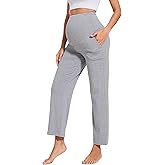 Liu & Qu Womens Maternity High Waisted Lounge Pants Casual Stretchy Ribbed Palazzo Pants Pregnancy Trousers with Pockets