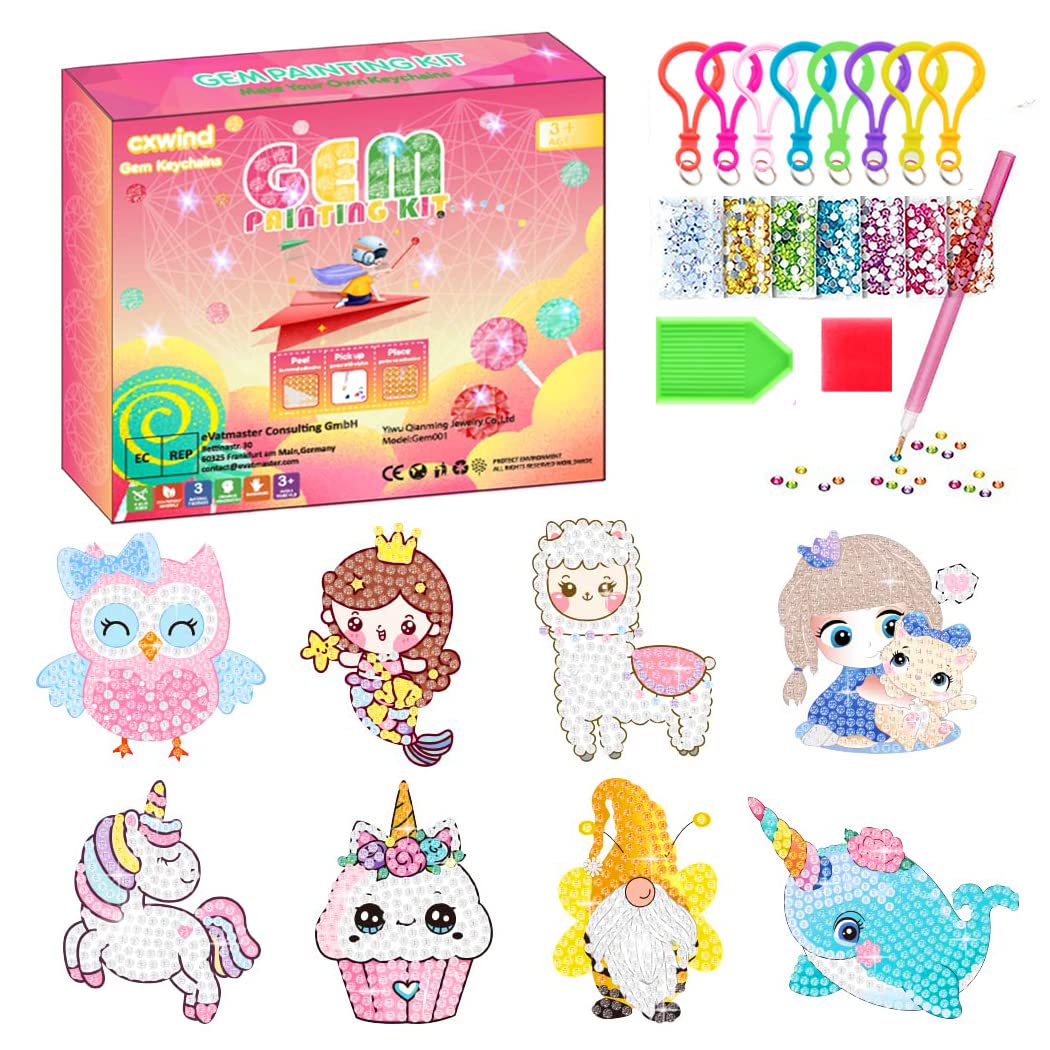 chengxun Unicorn Diamond Art for Kids 8 Pcs Girls Gem Art Keychain Crafts Diamond Painting Kit for Kids Painting by Numbers Girls Gift Ages 6-8 -10-12 Purse/Key Pendant/Bag Decor (Red)