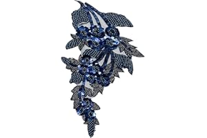 SAIXCCS 1pc Large Flower Rhinestone Applique Navy, Embroidery Sequin Patches for Clothes,Beaded Lace Applique for Wedding Bridal Dress Bodice Hat Sewing Craft for Girl Embellishment (Navy)