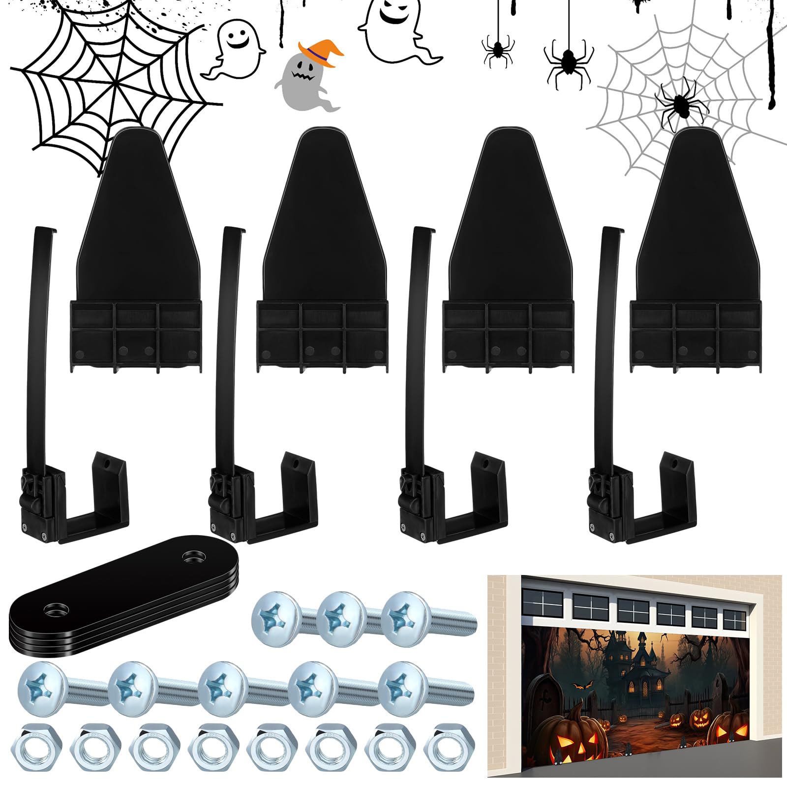 Photo 1 of Reallnaive 4 Pcs Halloween Garage Door Banner Clamps Garage Door Backdrop Installation Kit Large Banner Cover Hanging Hooks Tools Mural Clips for Christmas Holiday Decorations