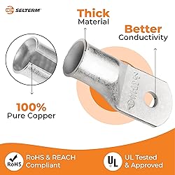 SELTERM 2pcs 3/0 AWG 1/4" Stud Tinned Copper Wire