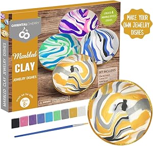 ORIENTAL CHERRY Arts and Crafts for Kids Ages 8-12 - DIY Marbled Clay Jewelry Dishes Kits(Makes 4) - Make Your Own Fun Baking Clay Dish for Teen Girls Ages 10-12 12-14