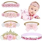 Dizila 6 Pieces Super Soft Stretchy Pink White Baby Girl Bow Flower Nylon Headbands Floral Lace Headbands Hair Accessories for Newborns Infants Toddlers Girls Kids