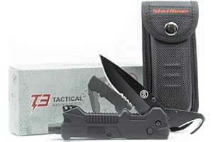StatGear T3 Tactical Auto Rescue Tool - Folding Rescue Knife, Glass Window Breaker, Seatbelt Cutter, Molded Grips, LED Light, Sheath