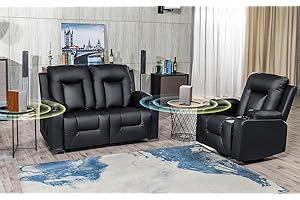 COMHOMA Living Room Furniture Set,Bonded Leather Loveseat Sofa with Massage,Cup Holder Recliner Chair,2+1,Black