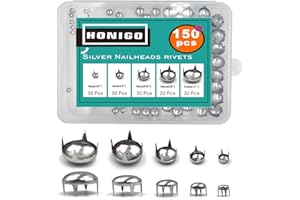 Honigo 150pcs Nailheads Round Dome Studs Rivets Silver Metal Solid Brass 4/6/8/10/12mm 4 Prongs Spikes Spots for Leather Craft Clothes Belt Bag Shoes Decorations Totes DIY Craft