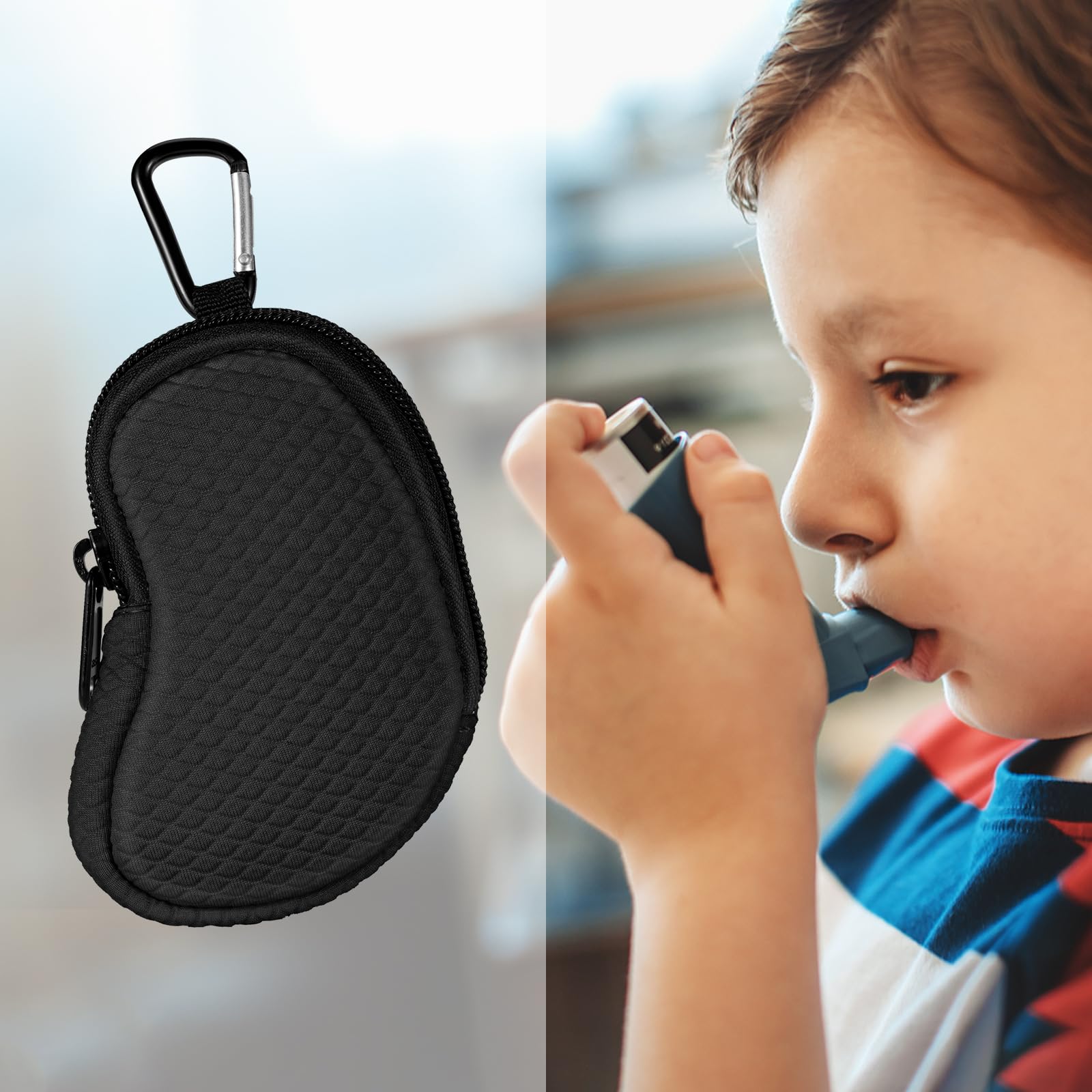 Neoprene Asthma Inhaler Holder, Protective Portable Travel Handy Holster, Lightweight Carrying Case with Carabiner Clip and Mesh Pocket Inside, Inhaler Not Included (Case Only) (Black)