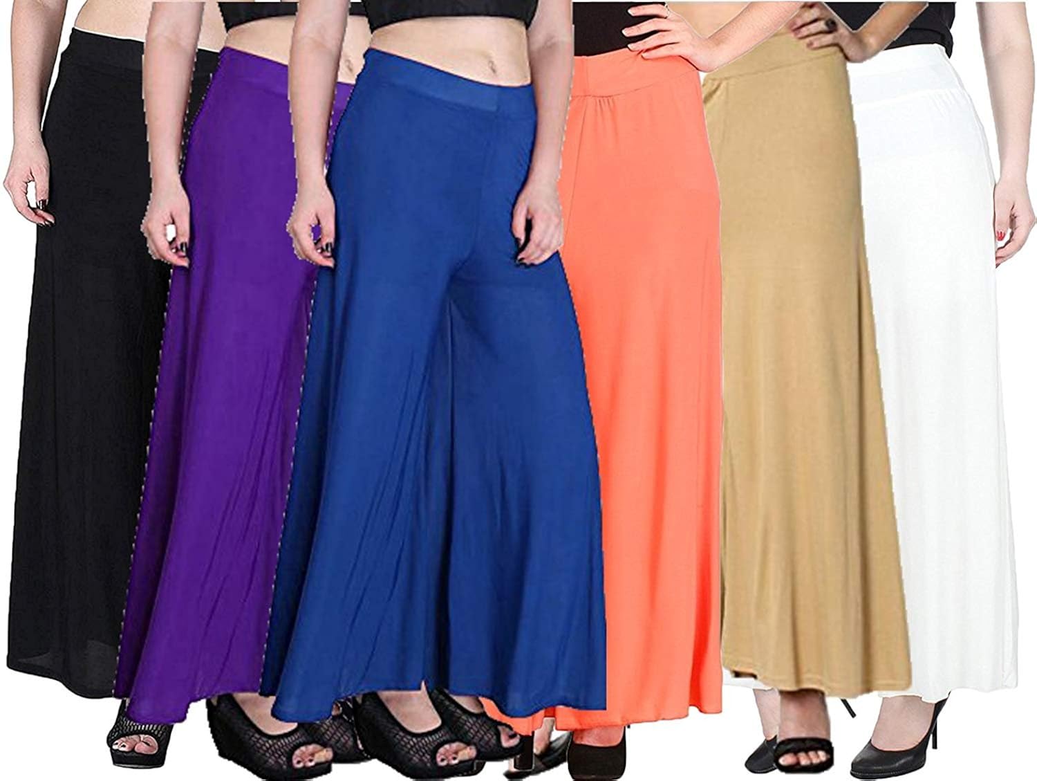 omikka women's stretchy malia lycra wide leg palazzo pants pack of 6 (free size)
