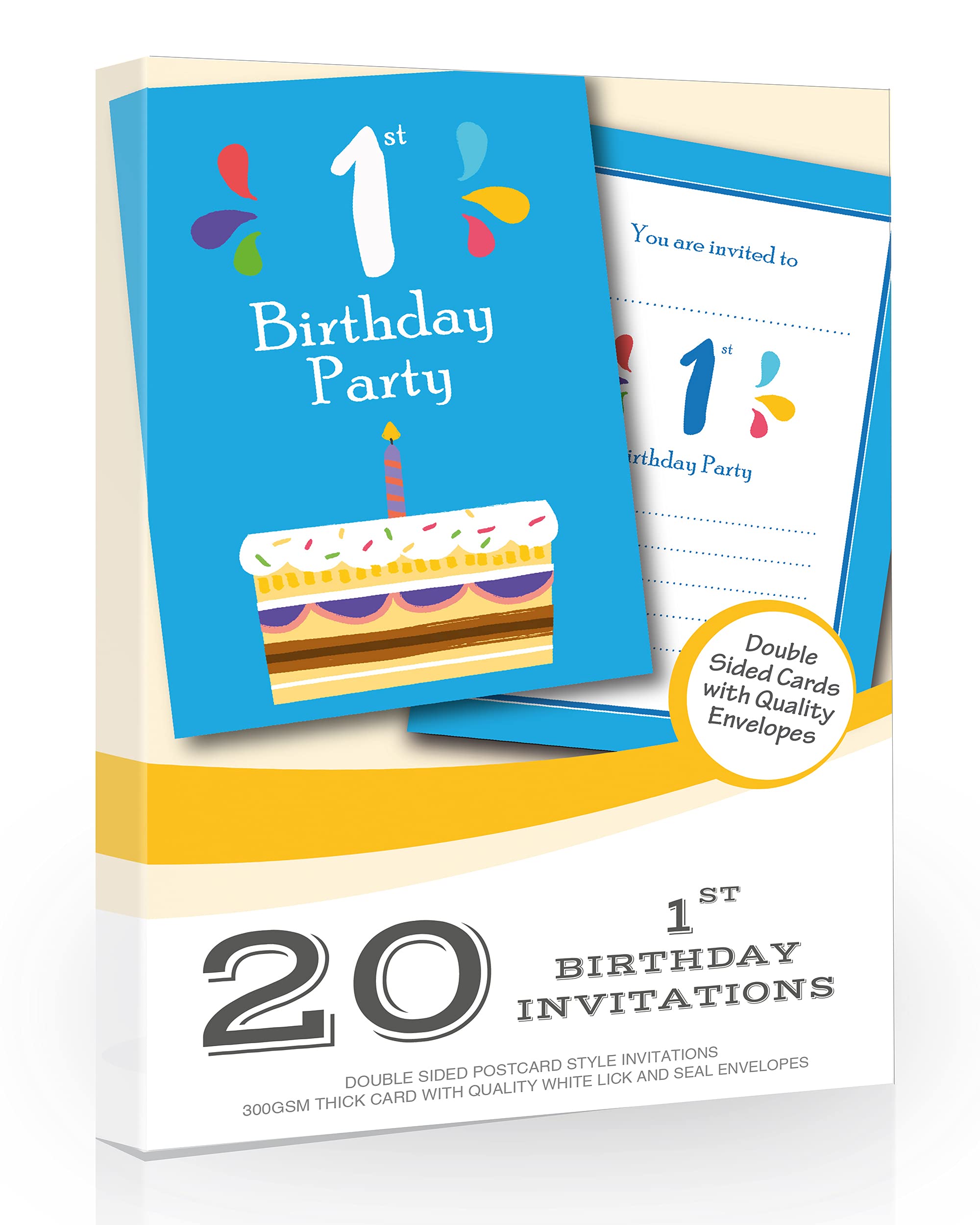 Olivia Samuel 20 x 1st Birthday Party Invitations from 1 Candle Blue Cake Design - A6 Postcard Size with envelopes