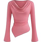 PRETTYGARDEN Womens Bell Long Sleeve Shirts Casual Cowl Neck Asymmetrical Slim Fit Crop Tops Y2K Going Out Spring Clothes