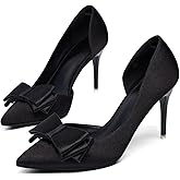 Womens Bow Heels Closed Pointed Toe Dress Shoes Stiletto Slip on Wedding Pumps