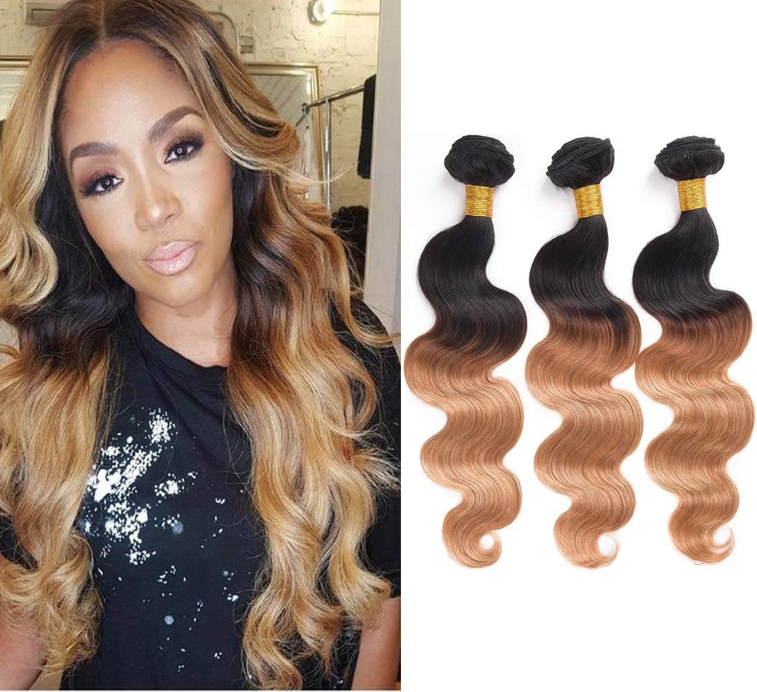 Ombre Body Wave Bundles Brazilian Virgin Human Hair Body Wave 3 Bundles 2 Tone 1B/27 Ombre Hair Weave Weft (14 16 18 Inches)