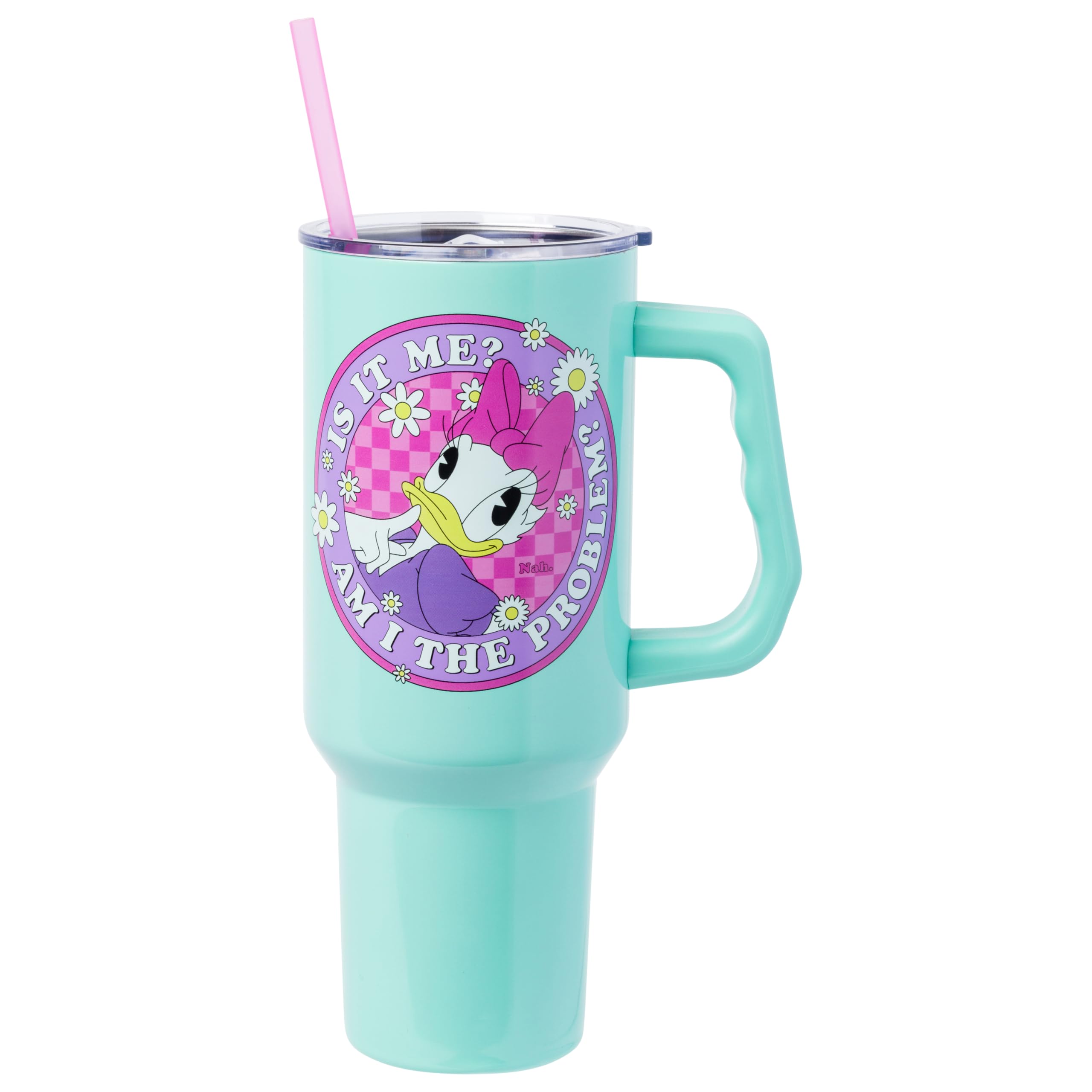 Silver Buffalo Disney Mickey and Friends Featuring Daisy Duck "Is It Me? Am I The Problem?" Stainless Steel Tumbler with Handle and Straw, Fits in Standard Cup Holder, 40 Ounces Image