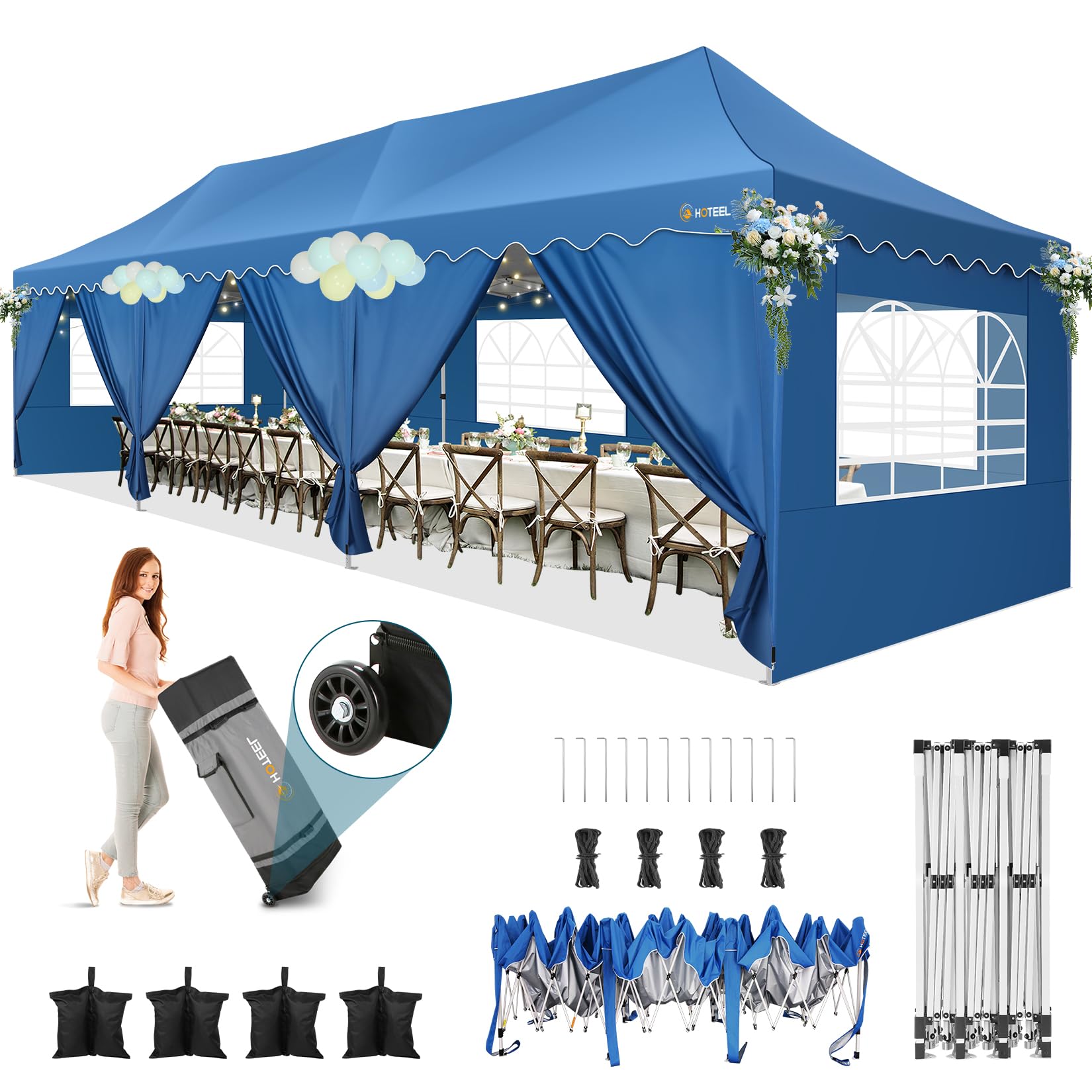 Photo 1 of **UNKNOWN MISSING PIECES**HOTEEL Pop Up Canopy 10x30 Large Party Tent with 8 Sidewalls, Portable Outdoor Canopy with Roller Bag,Sandbags,UV Resistant Waterproof, Easy Up Tents for Parties, Backyard, Wedding, Event, Blue