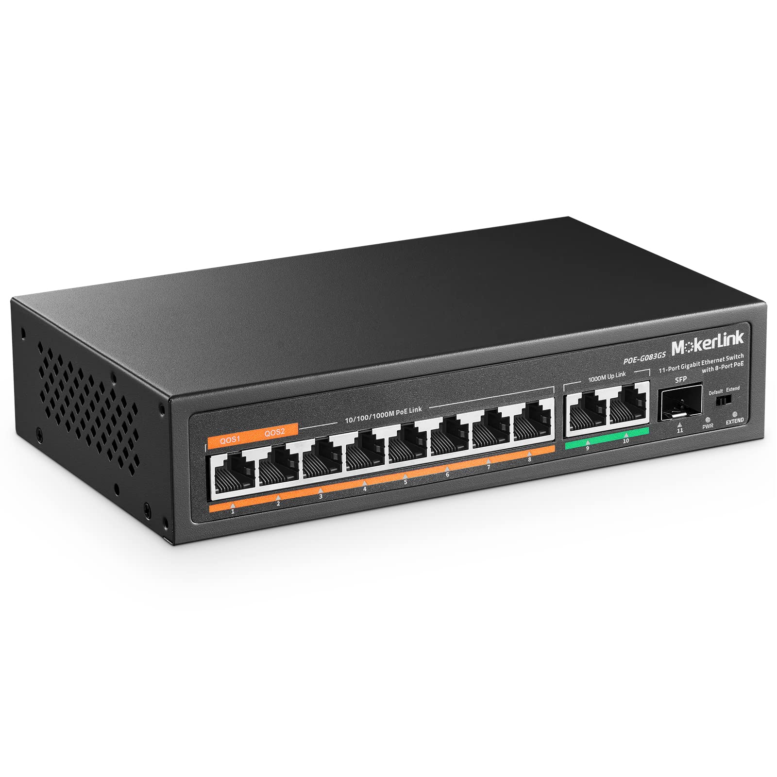 MokerLink 11 Port Gigabit PoE Switch with 8 PoE+ Port, 2 Gigabit Uplink, 1 SFP Port, 120W AI Detection, Qos, Fanless Metal Plug & Play Network Switch