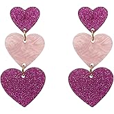 Red Heart Earrings Glitter Cute Big Red Heart Statement Drop Dangle Earrings for Women (F-Hot Pink)