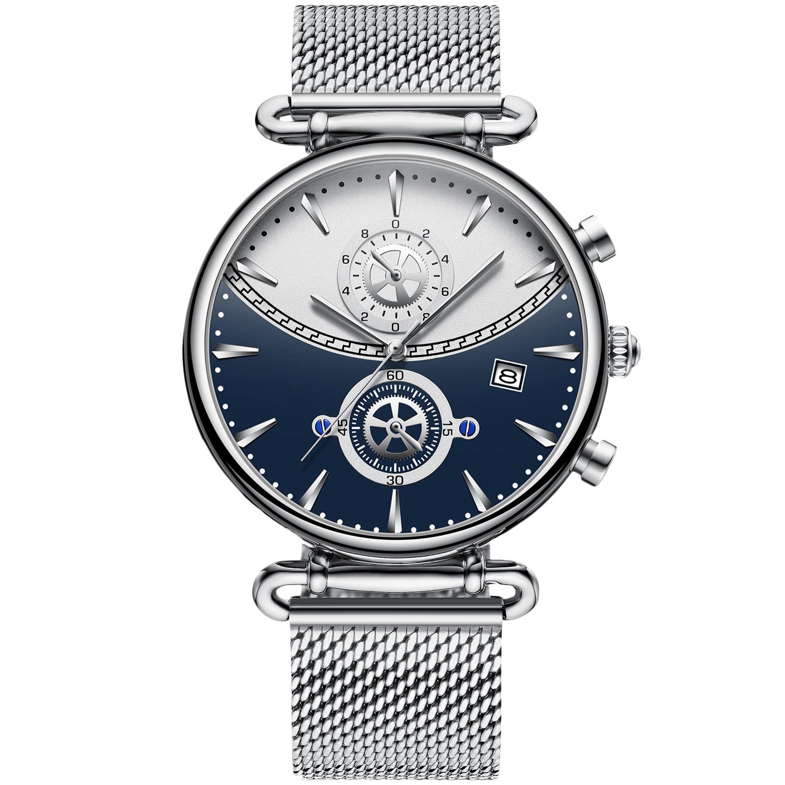 RORIOS Mens Watches Waterproof Analogue Quartz Watch Sports Chronograph Wristwatch with Stainless Steel Mesh Band Business Dress Watch for Men