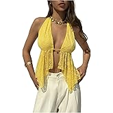 MakeMeChic Women's Floral Lace Open Back Halter Top Ruffle Summer Y2K Crop Tops