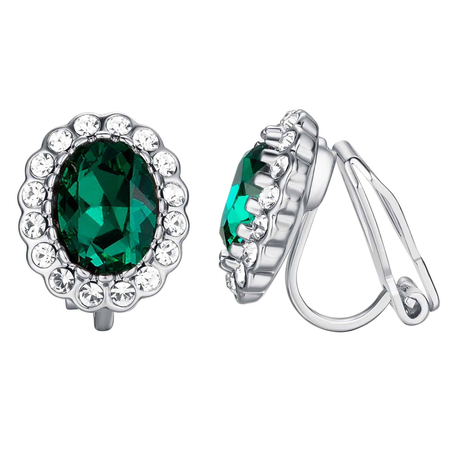 Vogem Green Non Pierced Clip On Earrings for Women Emerald Cubic Zirconia Crystal Non Pierced Earrings White Gold Plated Vintage Fancy Clip On Earrings