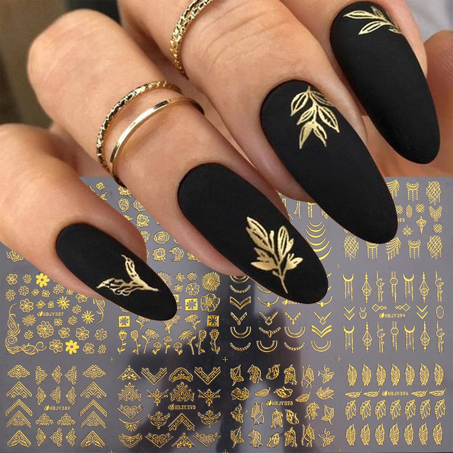 Photo 1 of Flowers Nail Art Stickers Decal 3D Self-Adhesive Gold Flower Leaf Lace Nail Supplies Flower Nail Stickers Geometry Line Nail Designs for Women Girls Nail Art Decorations(Gold)