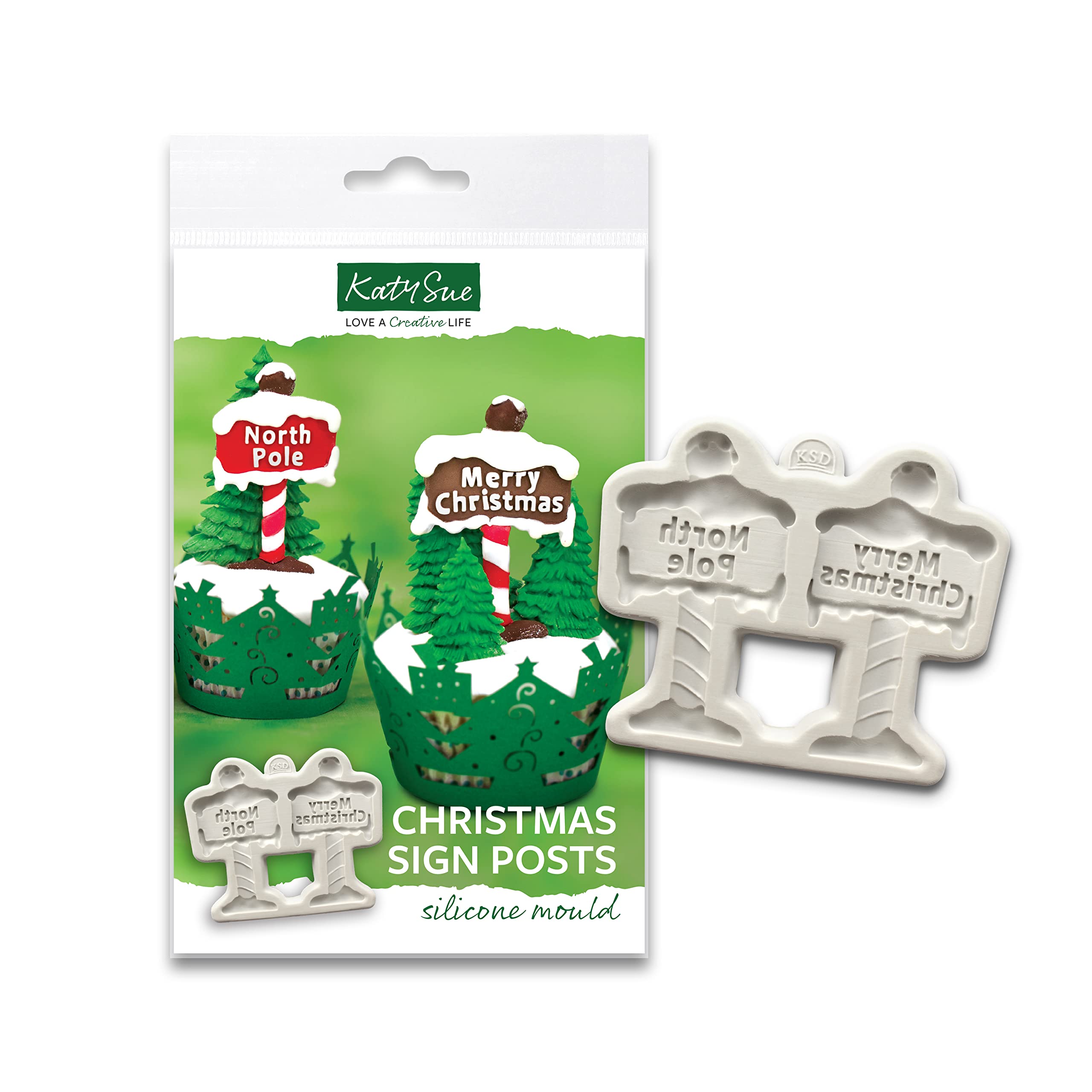 Katy Sue Christmas Sign Posts Silicone Mould for Christmas Cake Decorating & Craft. Signs are 71 Tall x 42 Wide x 6 Deep in Millimetres. Use with Fondant, Sugar Paste, Air Dry & Polymer Clay. UK-Made.