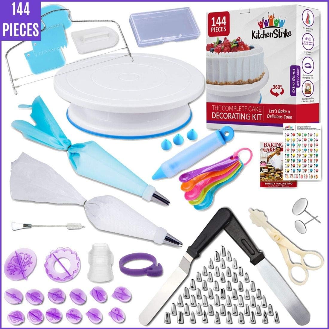 Kitchen Strike Cake Decorating Kit - 144 Piece Baking supplies With Bonus Accessories Of Fondant Tools, Spoons, Piping Bags Tie and eBook - Smooth Cake Turntable Spinner With Non-slip Silicone Base.