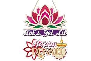 HOURIA Happy Diwali Door Sign,Diwali Lotus Hanging Decorations for Front Porch, 11.5"x20.5" Indian Festival of Lights Wall Decor with Rangoli Diyas,Diwali Wreath for Front Door Porch Home Office Party