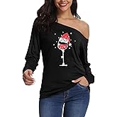 LYHNMW Women's Sexy Off Shoulder Long Sleeve Christmas Letter Print T-Shirt Tunic Tops Holiday Merry Xmas Hoodie