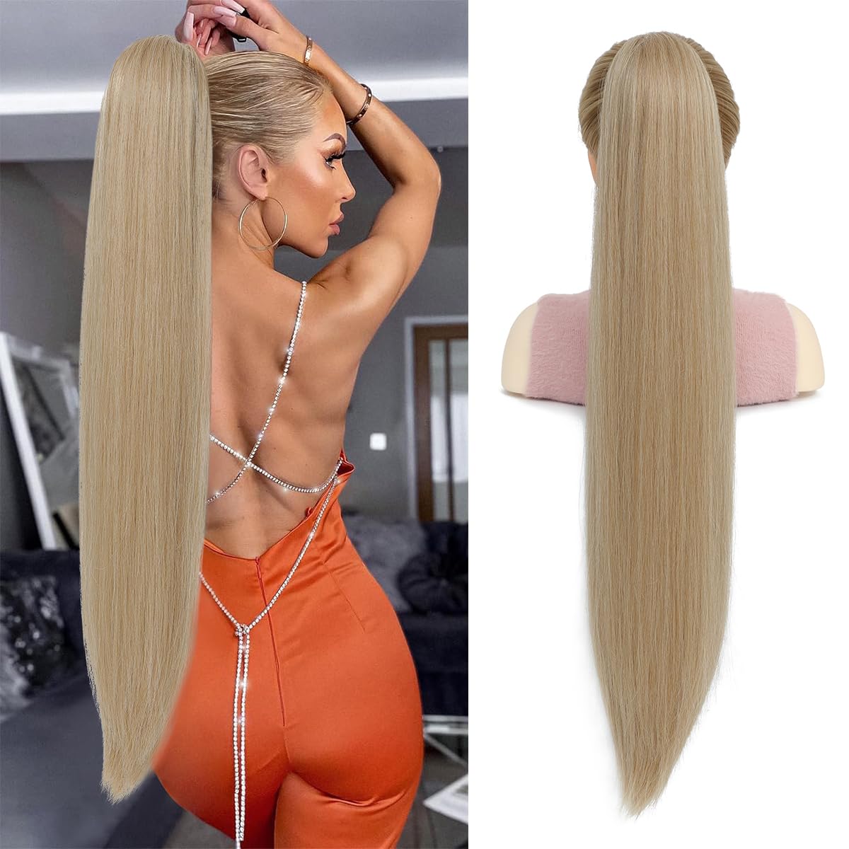 FINE PLUS 30 Inch Honey Blonde Ponytail Extension,Long Yaki Straight Drawstring Ponytail Extension,Clip in Ponytail Hair Extensions for Women(30 Inch,Honey Blonde)