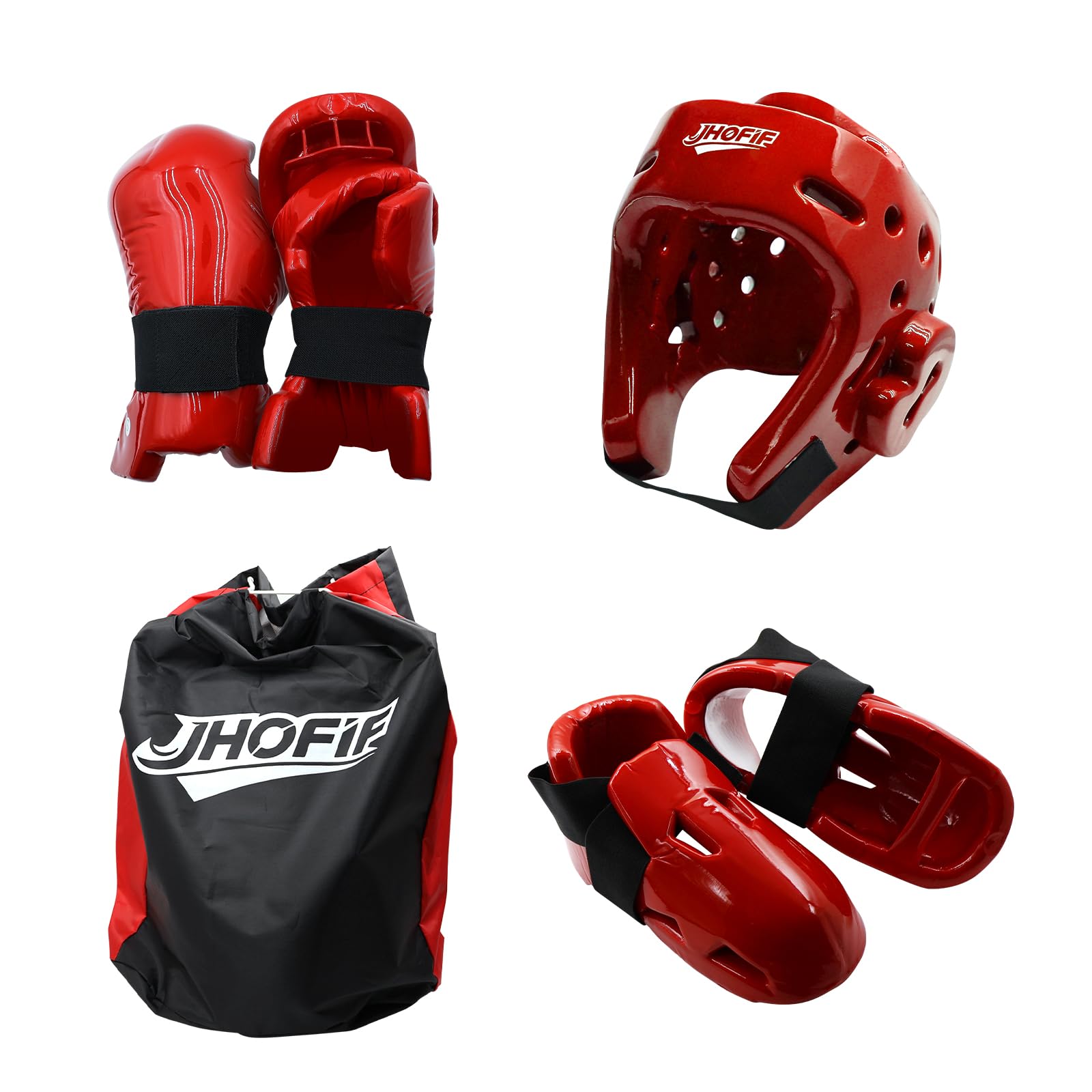 Photo 1 of ***HAS DAMAGES** JHOFIF Martial Arts Karate Protective Sparring Gear Package Deal/Gift Adjustable Adult & Youth Headgear, UZJ Gloves & Kicks for MMA, Taekwondo, Boxing Training (Red, Large)