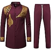 LucMatton Men's 2 Piece Outfits Long Sleeve Button Down African Dashiki Shirts and Pants Set Traditional Ethnic Suits