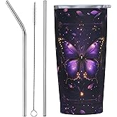 Butterfly Tumbler with Lid and Straw 20oz Coffee Tumblers Leakproof Stainless Steel Travel Mug Vacuum Insulated Cup for Iced and Hot