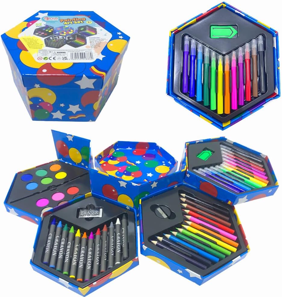 RAM ONLINE 52 Pcs Childrens Craft Art Artist Set Hexagonal Box Crayons Paints
