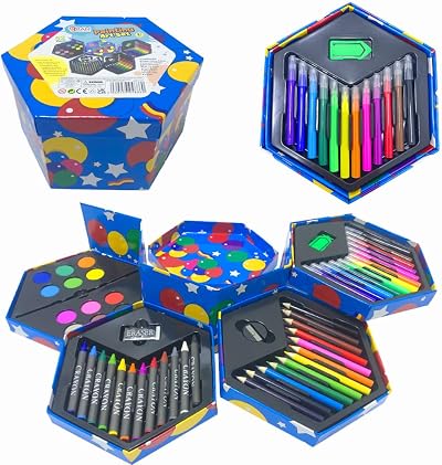 RAM ONLINE 52 Pcs Childrens Craft Art Artist Set Hexagonal Box Crayons Paints