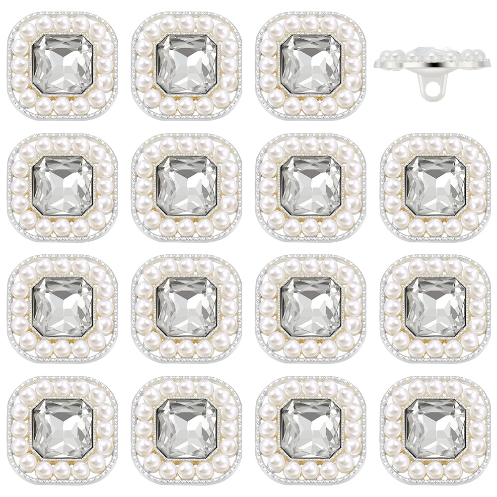 FINGERINSPIRE 16Pcs Square Clear Rhinestone Faux Pearl Buttons 20mm Silver Alloy Imitation Pearls Rhinestone Shank Buttons with 1-Hole Rhinestones Inlaid Embellishments Buttons for DIY Handmade