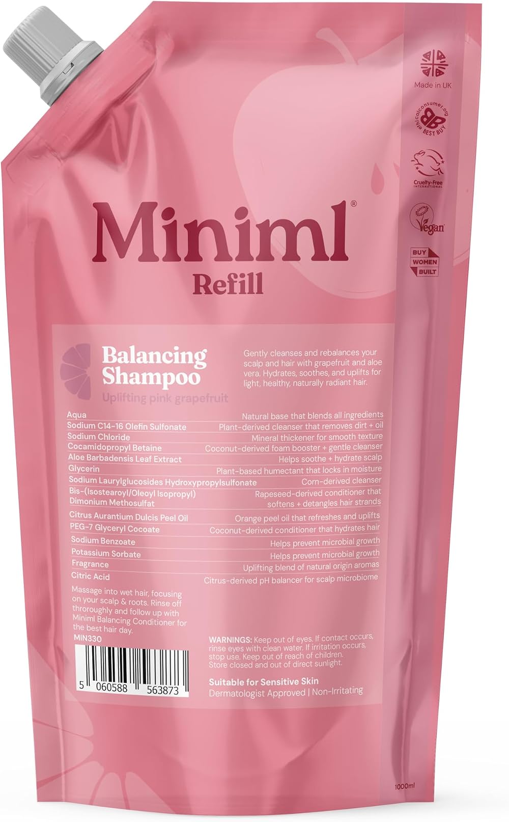 Miniml Natural Hair Shampoo Eco Friendly 1L Refill Pink Grapefruit Aloe Vera