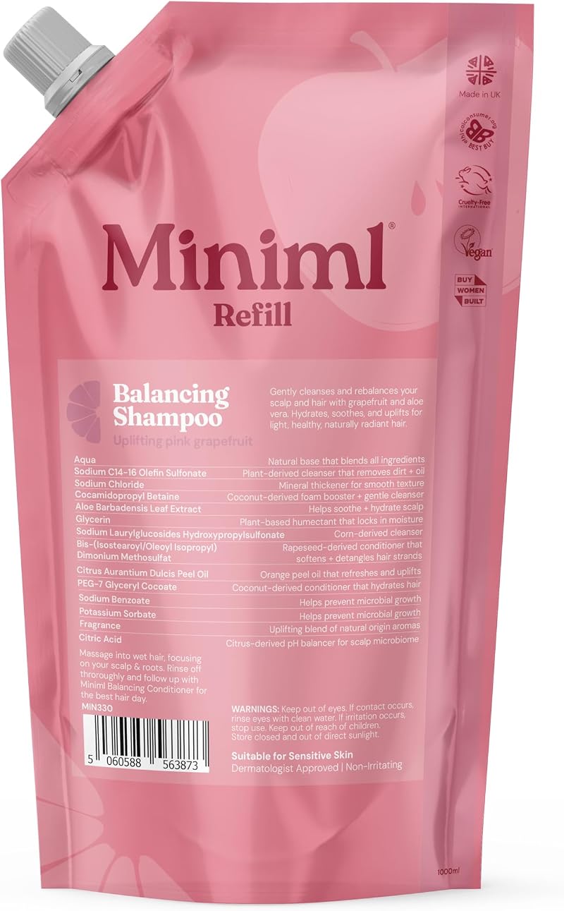 Miniml Natural Hair Shampoo Eco Friendly 1L Refill Pink Grapefruit Aloe Vera